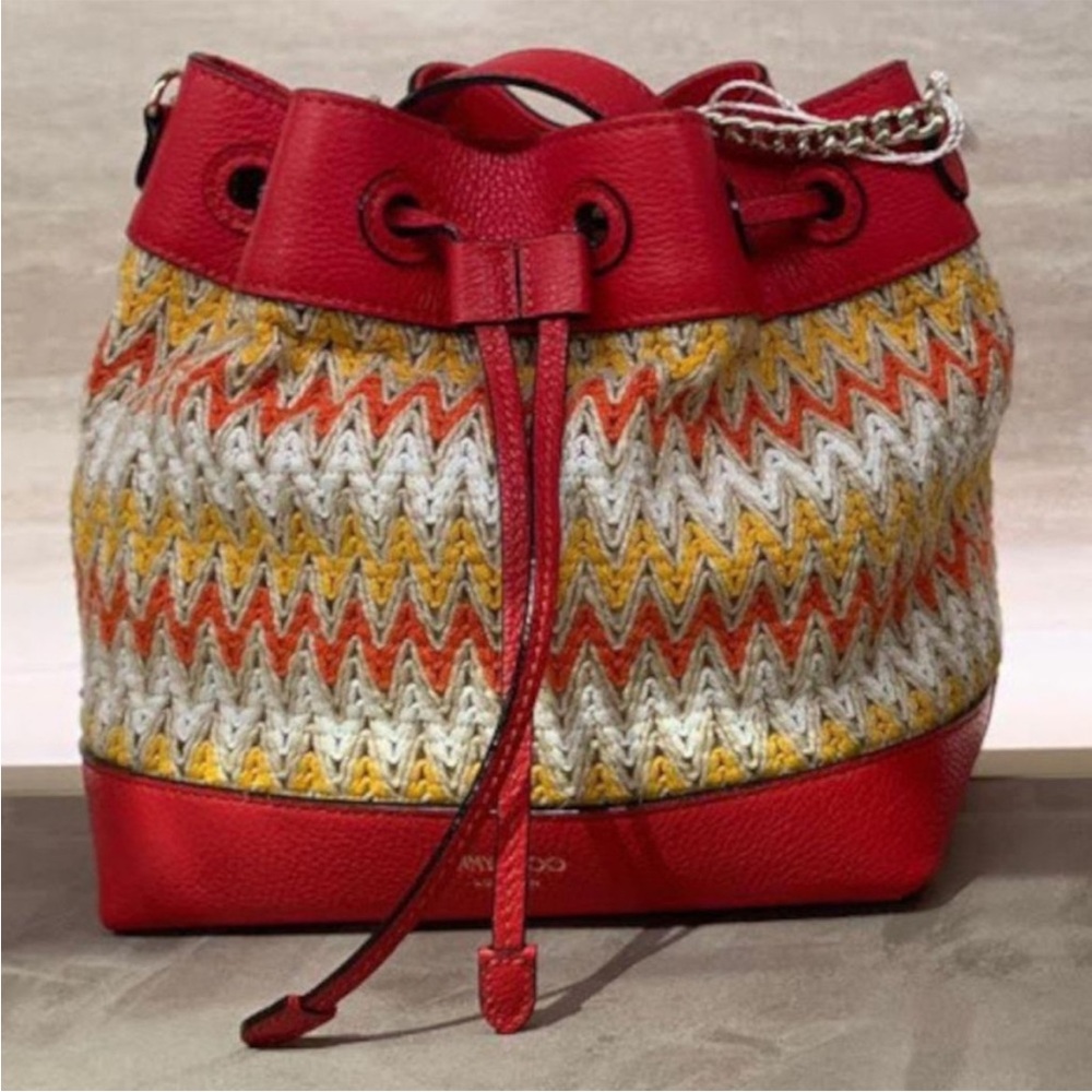 Jimmy Choo Luzetta Bucket Bag in Red Leather and Raffia
